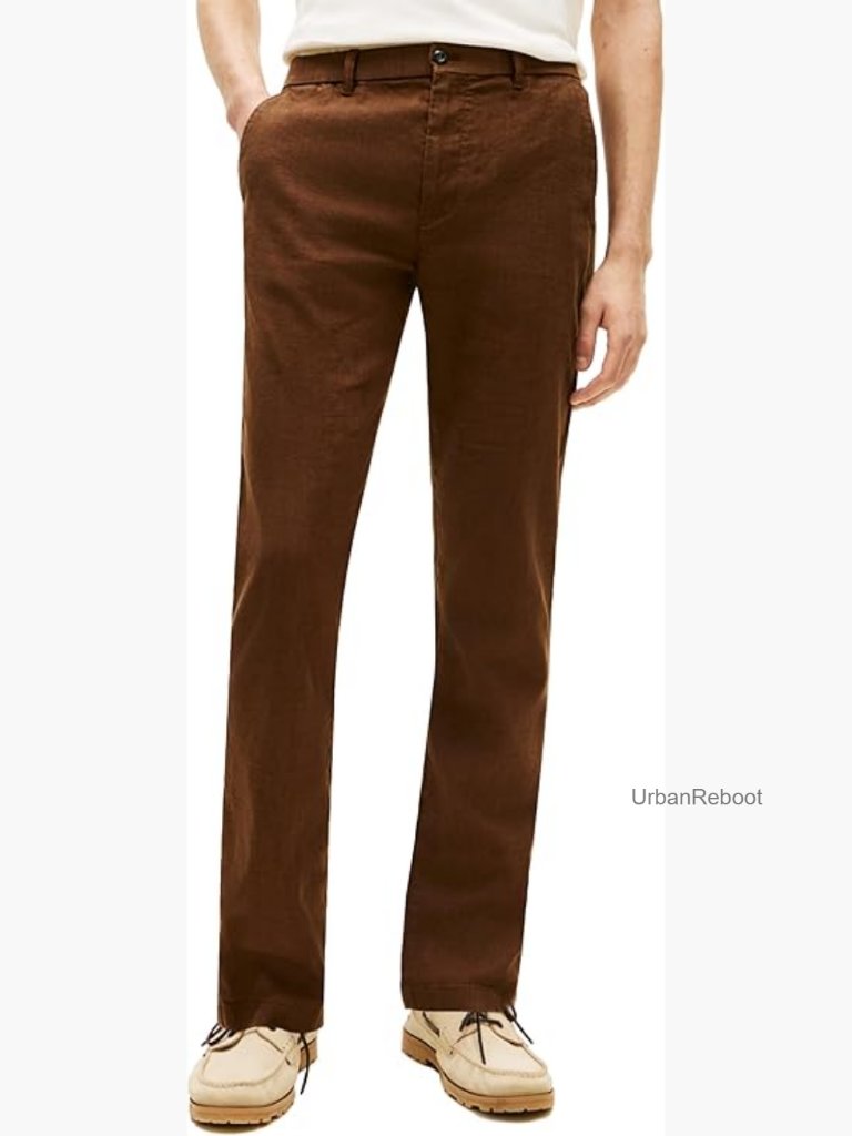 Straight Fit Linen Blend Chino Pants With Pockets